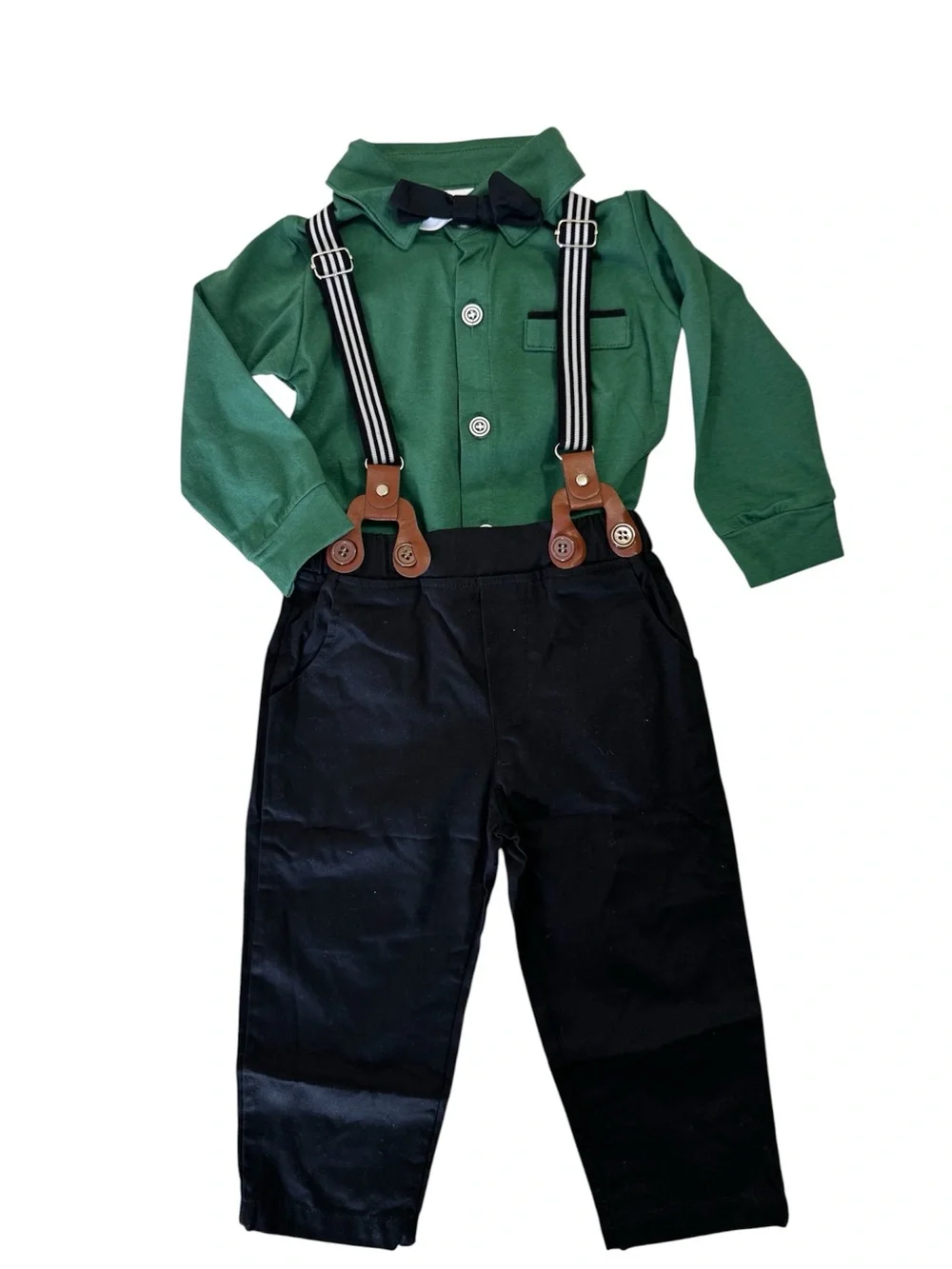 Kids Green Button-Down Shirt with Black Pants & Suspenders Set